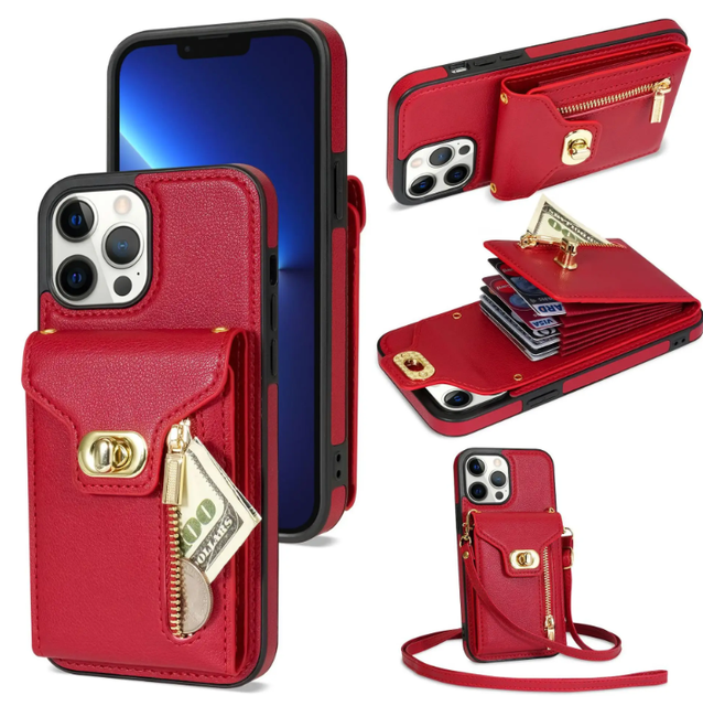 New Fashion Wallet Card Slot Design PU Leather Mobile Phone Case with Crossbody Strap for iPhone 13 14 15 16 17 Pro Max
