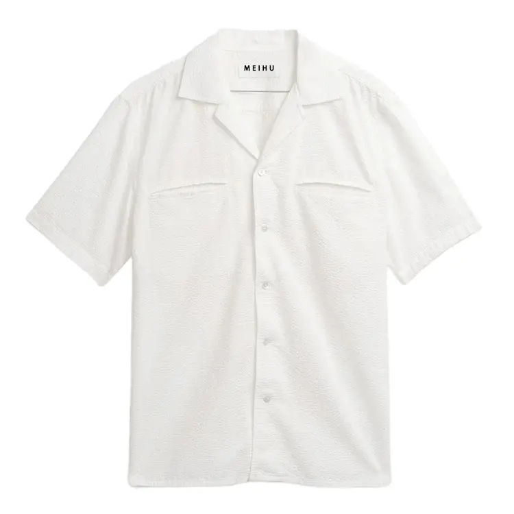 Mid-Weight Textured Seersucker Cotton Waffle Shirt Custom White Short Sleeve Button Up Cuban Collar Shirt