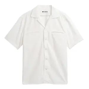 Mid-Weight Textured Seersucker Cotton Waffle Shirt Custom White Short Sleeve Button Up Cuban Collar Shirt