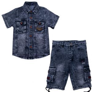 Conjuntos de Ropa de Dos Piezas de Manga Corta en Mezclilla Sólida para Niños, Casuales y a la Moda - Product Image 3