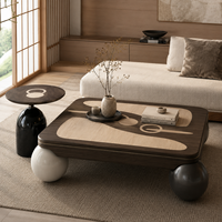Table basse contemporaine à plateau en marbre arrondi, structure en bois robuste, design moderne et luxueux, mobilier de salon écologique, spacieuse