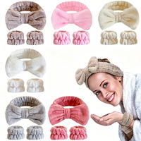 Lot économique d'accessoires de lavage du visage pour fille : Bandeau pour le visage et bandeau de poignet, en peluche absorbante et résistante à l'humidité, avec nœud
