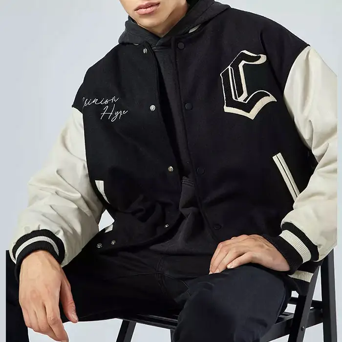 OEM High Street Collision-Colored Patchwork Custom Black Chenille Embroidery Letterman Men's Baseball Jacket