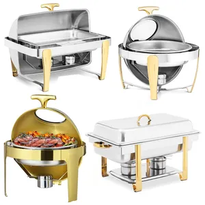 Dengan Harga Murah Peralatan Dapur Stainless Steel Hot Pot Roll Top Gold Chafing Dish Set Prasmanan 4X1-1 Chafers