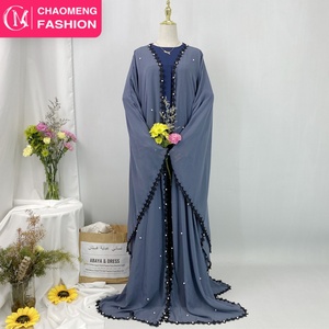 Luxury Pearls Muslim Abaya Best Sale Eid Black Lace Border Side Split Bottom <b>Cardigan</b> Breathable Chiffon Women Open Abaya 1653# - Product Image 1
