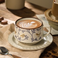 Tasse à café en céramique à motif feuille de bambou, tasse en grès moucheté avec soucoupe pour latte, thé, maison, bureau, café et restaurant