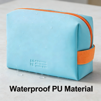 Trousse de Maquillage Élégante en PU Bleu - Pochette Cosmétique de Voyage Imperméable avec Fermeture Éclair Orange, Logo Personnalisé OEM/ODM pour Usage Quotidien et en Voyage