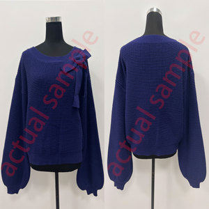 Maglione da donna blu navy in <span class=keywords><strong>maglia</strong></span> waffle, con <span class=keywords><strong>spalle</strong></span> <span class=keywords><strong>scoperte</strong></span>, fiocco decorativo, scollo a O, pullover a costine, classico, stile preppy, corto, lavorato a <span class=keywords><strong>maglia</strong></span> - Product Image 5