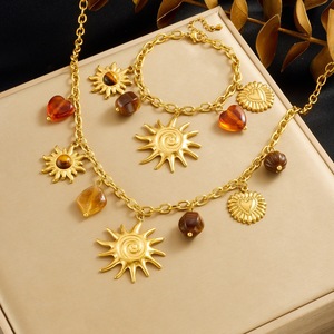 Sun Pendant Gold Plated Necklace <b>Set</b> With Tiger Eye Heart Charm Women's Fashion Jewelry Party Wear - Product Image 1