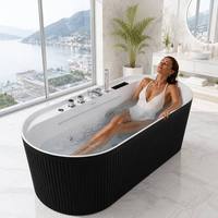 Bañera de Hidromasaje Independiente con Certificación CE, 18 Jets, Burbujas de Aire, Cascada, Bluetooth, Luces LED Blancas y Negras para Baño, Hotel, Spa