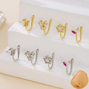 Anillos de nariz dorados de latón ecológicos que no se desvanecen para mujer, bonitos puños de nariz dorados, Piercing de imitación de circón de estrella para bodas, fiestas, regalos - Product Image 2