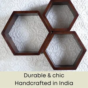 Wooden Hexagon Floating Shelves Set Of 3 Large Wall Mounted Shelf Walnut Solid Wood Shelves For Home