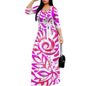 Robes décontractées à col en V de style tropical hawaïen vêtements grande taille à manches longues pour femmes robe longue au sol de l'île Samoan - Product Image 1