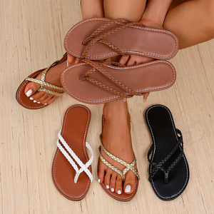 Sandales <span class=keywords><strong>de</strong></span> plage tissées à bout ouvert et semelle plate pour <span class=keywords><strong>femme</strong></span>, grande taille, couleur unie, à clipser, pour l'extérieur - Product Image 1