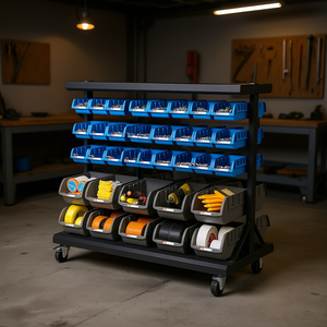 5 Tier Double Sided Rolling Bin <b>Storage</b> Rack 68 Bins Mobile Tool Organizer With Wheels Garage <b>Workshop</b> <b>Storage</b> Solution - Product Image 2