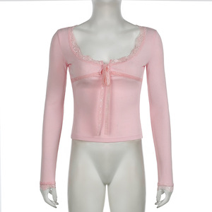 Camiseta de manga larga con lazo de encaje, nueva colección de verano, ajustada, para mujer, con lazo y cuello cuadrado, a la moda. - Product Image 5