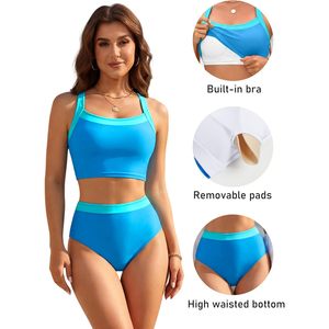 Conjunto de Bikini de Cintura Alta para Mujer, Traje de Baño de Dos Piezas con Bloques de Color, Top Corto con Cuello Halter, Secado Rápido, Traje de Baño Deportivo para Verano - Product Image 4