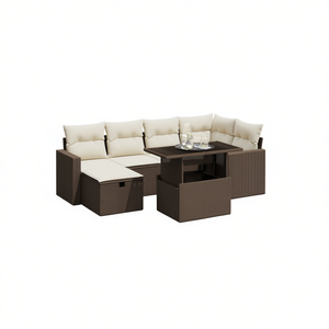 Set Divano da Giardino in Rattan Bianco Crema e Marrone con Tavolo, 6 Posti, Arredamento da Esterno dal Design Contemporaneo - Product Image 1