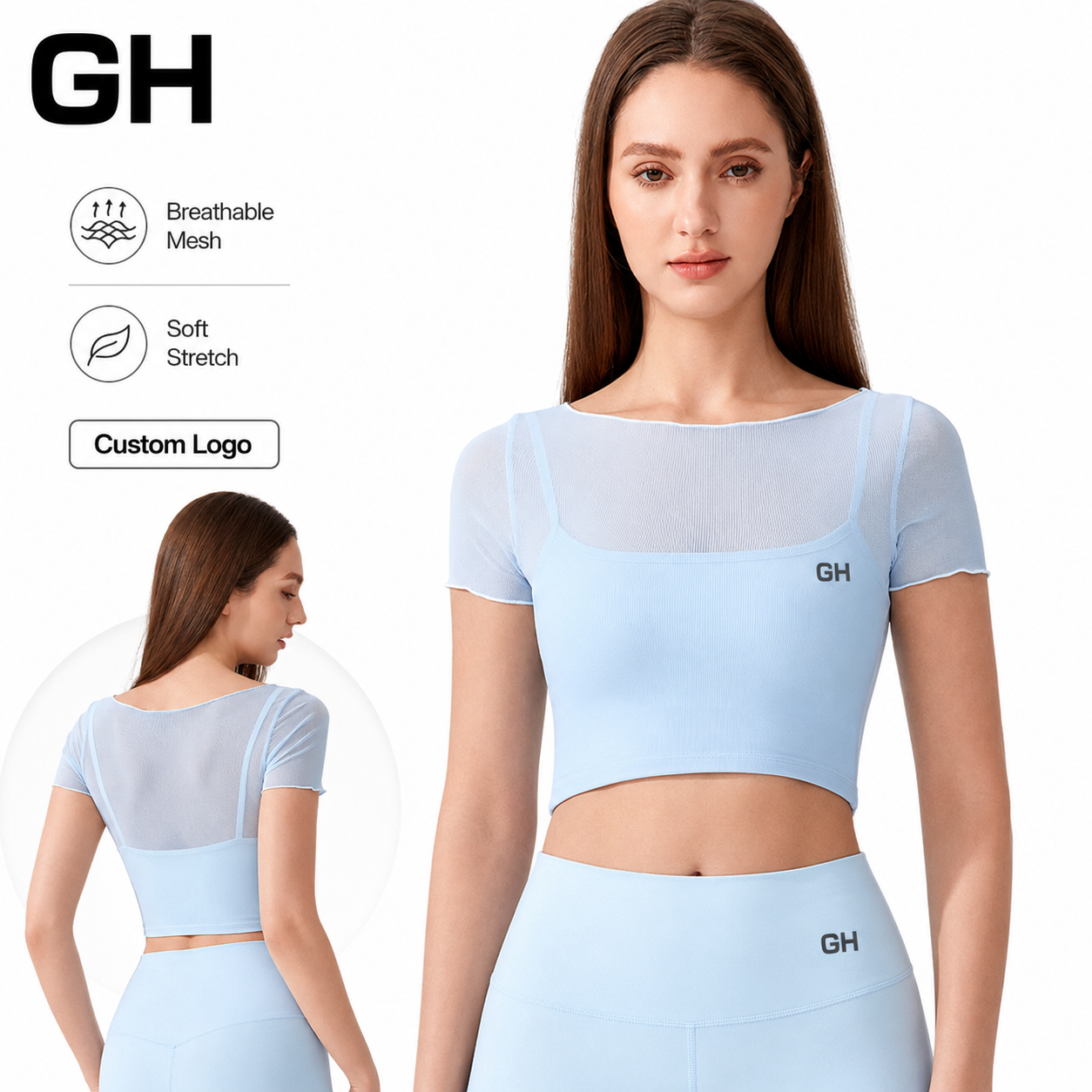 GH Custom Logo Women Mesh Short Sleeve Breathable Slim Fit Gym Fitness Workout Sports Shirt Wholesale Factory Yoga Crop Top Bra