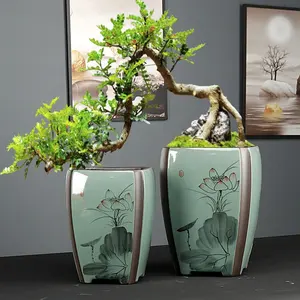 8.6/10 pollici dipinto a mano loto retrò ceramica di alta qualità Yixing Bonsai vaso Celadon quadrato vecchio mucchio vaso di fiori di argilla viola