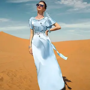 EID Abaya Dubai Türkei Einfarbig Einfach Hellblau Satin Rüschen Feder kleid Islamische Kleidung Abaya Muslim Kleider Für Frauen