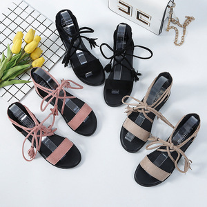 Femmes été Version coréenne décontracté bout ouvert fond plat cravate droite étudiant chaussures pour femmes - Product Image 1