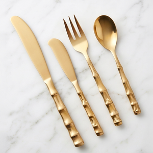 Gold <b>Bamboo</b> Handle Flatware Set High <b>Mirror</b> Polish Dishwasher Safe Glam Style Metal Cutlery For Wedding Use - Product Image 1