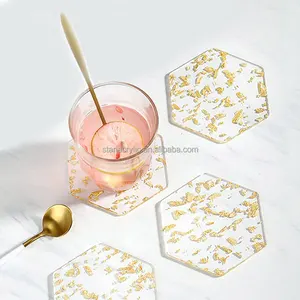 Posavasos de acrílico de papel de aluminio dorado, posavasos transparentes de papel hexagonal y redondo, posavasos redondo para bebidas Lucite, almohadilla aislante