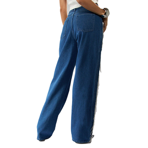 Jean bleu <span class=keywords><strong>royal</strong></span> taille haute droit jambe large pour femme avec détails de gland en strass pantalon en jean de mode personnalisé - Product Image 4