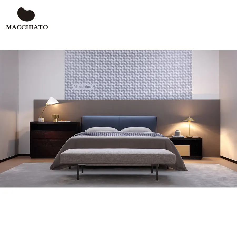 High quality modern leather upholstery hotel bedroom furniture set home furniture Italian design king size double bed