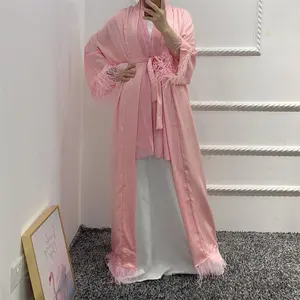 Diskon tempat panas Abaya terbuka depan dengan bulu Lengan Hem kasual Kaftan Muslim Modern Turki Dubai pakaian Islami