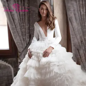 Aster bahçe saten uzun kollu düğün elbisesi 2021 seksi V yaka düğme Ruffles katedrali A-Line gelin kıyafeti Vestido De Noiva