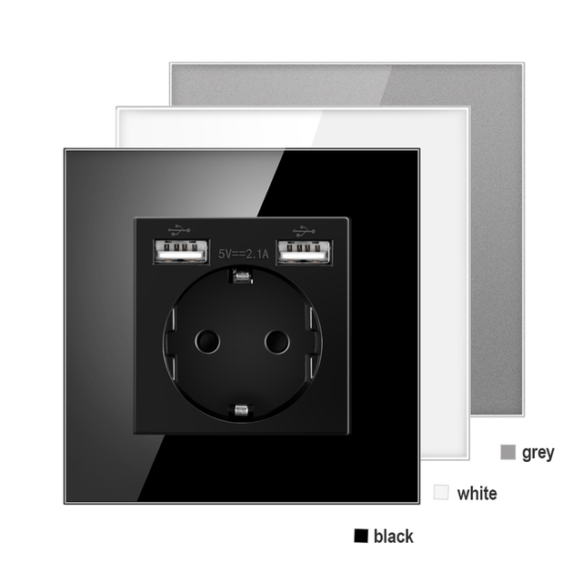 Good Quality Durable PC & Tempered Glass Wall Socket with Double USB Ports Double Pole 16A 240V Electrical Socket