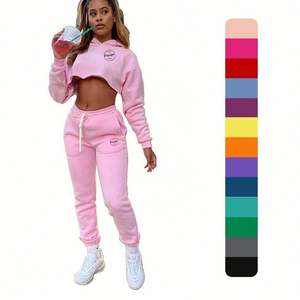 Ensemble de 2 pièces personnalisé pour femme Top de jogging en molleton à ourlet brut Ensemble sérigraphie Survêtement de sport vierge à manches longues décontracté pour femmes - Product Image 1
