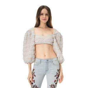 Haut court plissé à manches bouffantes, coupe ajustée, dos nu, avec bandage, manches bouffantes, couleur blanche, pour femme - Grande Vente - Product Image 1