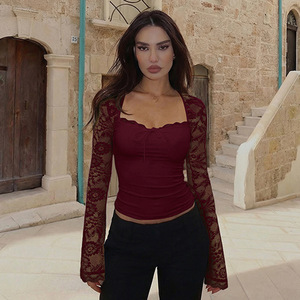 Wholesale 2026 Spring Hot Selling Women's Fashion Sexy Lace <strong>Patchwork</strong> See-Through Strappy Long Sleeve Blouses and <strong>Tops</strong> - Product Image 3