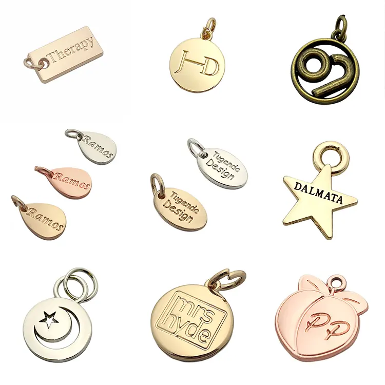 Custom made logo engraved cheap gold pendant metal jewelry tags charms for necklace / bracelet