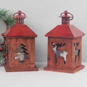 Farol de madera hueca con parte superior de <span class=keywords><strong>METAL</strong></span> roja colgante, LED de plástico VOTIVE INSIDE, para decoración de Navidad - Product Image 2