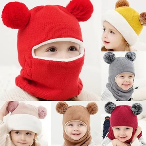 Cagoule d'hiver en tricot avec col à anneaux pour enfants, filles, garçons, couvre-visage à double <span class=keywords><strong>oreille</strong></span> et boules de poils, casquette chaude pour bébé, masque de ski - Product Image 6