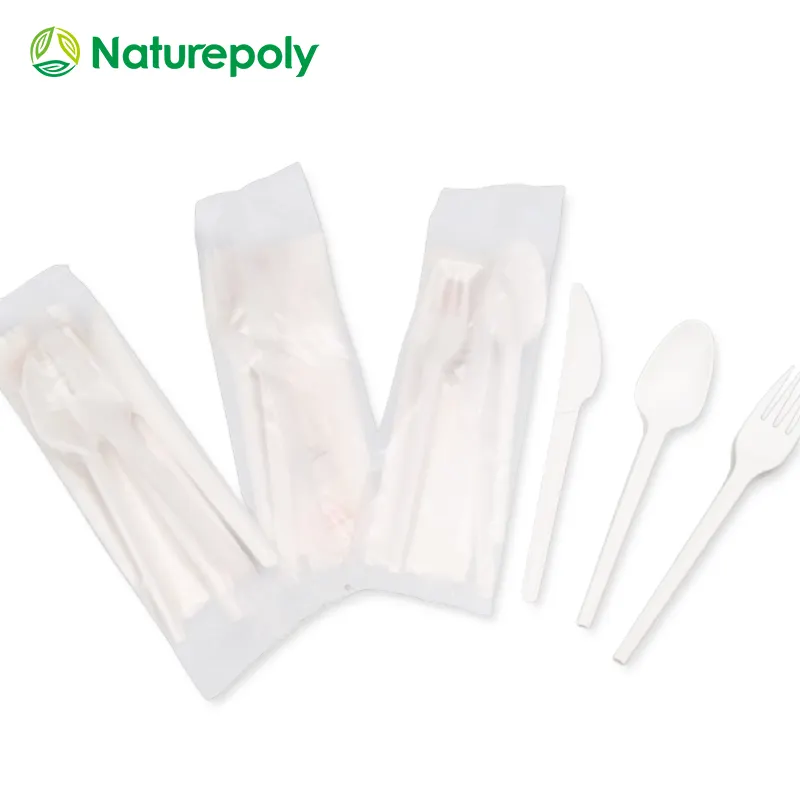 Juego de utensilios desechables personalizados, juego de cubiertos de plástico Biodegradable, cuchillo, tenedor y cuchara, respetuosos con el medio ambiente