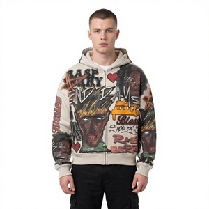 Sweat-shirt à capuche personnalisé beige multicolore imprimé numériquement pour homme, style streetwear oversize, idéal pour l'hiver - Product Image 1