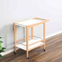 Chariot de cuisine moderne à deux niveaux en bois, bambou et MDF blanc avec roulettes et poignée, écologique et multifonctionnel pour salon, boissons et aliments