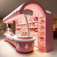 Airy Luxe Bakery & Coffee Market Stall Featuring Glass Display Case, Open Tiered Shelving, and Integrated Warm Lighting