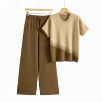 Ensemble 2 pièces en viscose tricotée pour femmes, tenue quotidienne, couleur contrastée, patchwork, manches courtes, pantalon long, tenue d'été