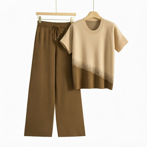 Women Viscose Knitted Daily Wear 2 Piece Set Color Block Patchwork Short Sleeve Full Length <b>Trousers</b> <b>Summer</b> Outfit - Product Image 1
