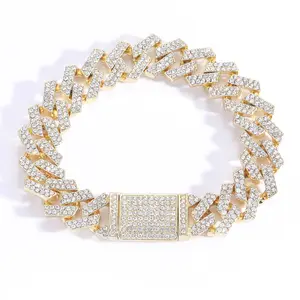 Wholesale 15mm 18k Gold Plated Hip Hop Men Jewelry Luxury Bling Crystal Rhinestone Iced Out Cuban Link Chain bracelet