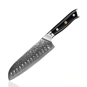 Couteau Santoku Damas 7 pouces en acier VG10, lame à rainures Granton, manche noir G10, couteau de cuisine japonais multi-usages pour la viande - Product Image 1