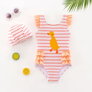 Striped Baby Duck Printed 1 Piece Kids Swimwear For Girls 2-10 Beachwear Beach Toddler Designer Swimsuit OEM Custom Wholesale