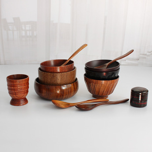 Juego de cuencos de madera de jujube de estilo japonés, redondos, de color sólido, duraderos, para uso doméstico, con tazas y cucharas. - Product Image 2