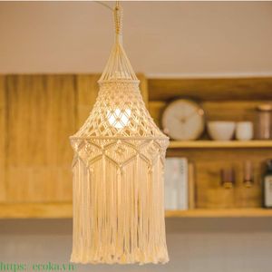 Abat-jour rond en coton tissé à la main, respirant, avec pompons, pour la décoration du salon - Product Image 1